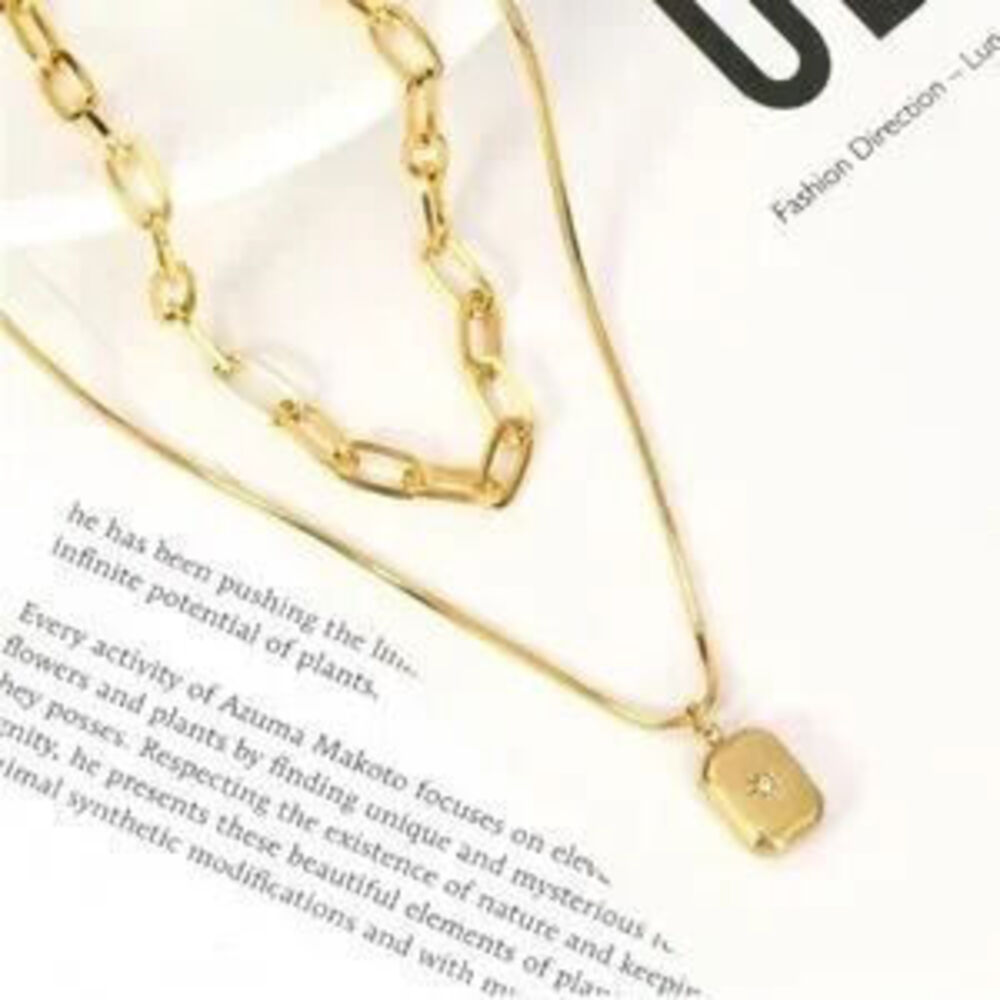 Gold 14k Gold Plated 2pc Chain Bar CZ Necklace Set - Picture 3 of 3